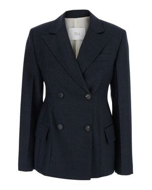 Tela Florence Double-Breasted Wool-Blend Blazer Jacket With Notched Lapels - Blue