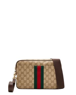 Gucci Gg Canvas Crossbody Handbag With Web Detail, Adjustable Removable Strap, Top Zip Closure, Flat Front Pocket - Natural