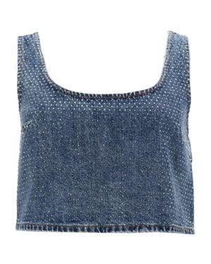 Self-Portrait Denim Crop Top With Rhinestones - Blue