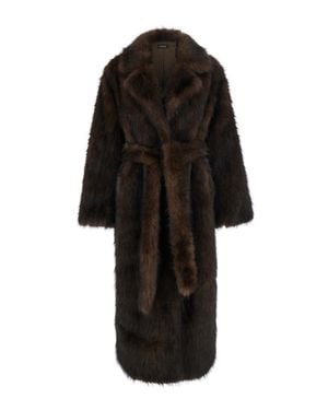 Le Plain Long Eco-Fur Jacket With Notched Revers And Adjustable Waist Belt - Black