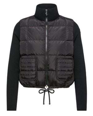 Moncler Merino Wool Down-Filled Nylon Front & Back Sweater Jacket With Zip Closure, Patch Pockets & Drawstring Hem - Black