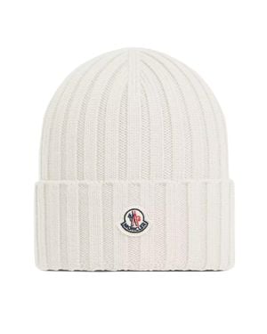 Moncler Rib Knit Logo Patch Beanie, Gauge 5, 100% Virgin Wool - White