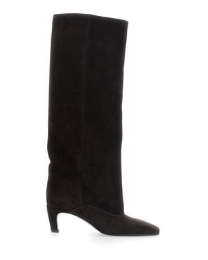 Strategia Pointed Toe Suede Knee-High Boots With Medium Heel - Black