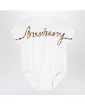 Burberry Cotton Jersey Bodysuit With Check Logo - White