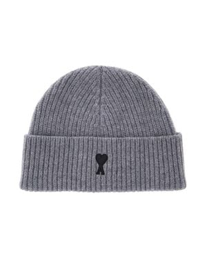 Ami Paris Ribbed Wool Beanie Hat - Gray