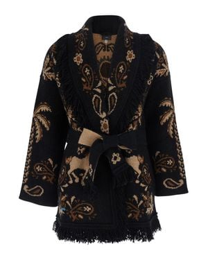 Alanui Inspired Wool Blend Cardigan With Sequin Detail, Belted Front & Fringed Hem - Black