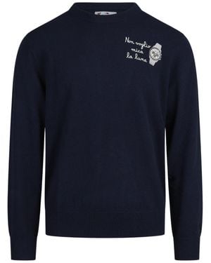 MC2 Saint Barth Heron Light Embroidered Wool-Cashmere Crewneck Sweater With Watch Detail - Blue