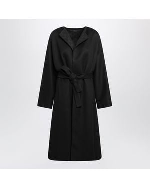 Gucci Long Silk And Wool Coat With Gg Motif, Detachable Tie Belt - Black