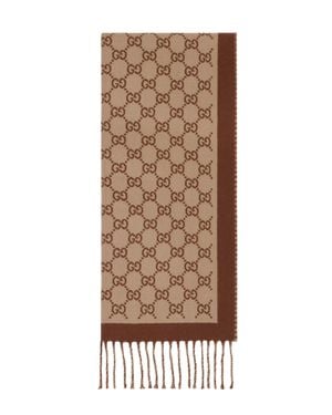 Gucci Logo-Pattern Wool Scarf With Fringe - Brown