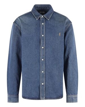Saint Laurent Front-Button Pointed-Collar Curved-Hem Shirt - Blue