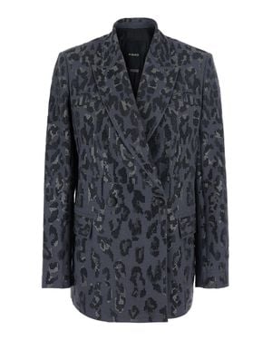 Pinko Double-Breasted Jacket With Jaguar Rhinestone Embellishment And Peak Revers - Gray