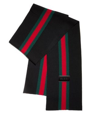 Gucci Embossed Leather Label Wool Scarf 23Cm X 180Cm - Black