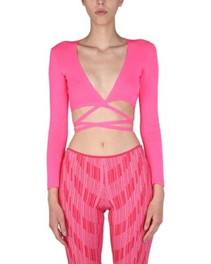 MSGM Cropped Top With Wide V-Neck - Pink
