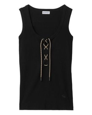 Burberry Cotton Blend Tank Top With Checked Finishes - Black