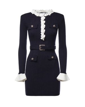 Self-Portrait Floral Trim Ribbed Knit Mini Dress With Belt - Blue
