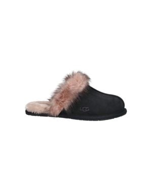 UGG Leather Fur-Lined Round-Toe Flat Mules - Black