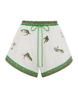 ALÉMAIS Elastic Drawcord Waist Linen Shorts With Branded Toggled Tie - Green