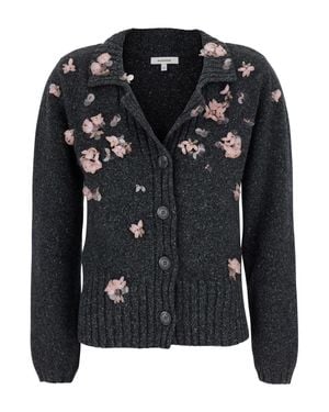 Markgong Wool-Silk Cardigan With Beaded Detail, V-Neck Button Front - Black