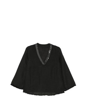 120% Lino V-Neck Three-Quarter Sleeve Sequin Shirt Size 38 - Black