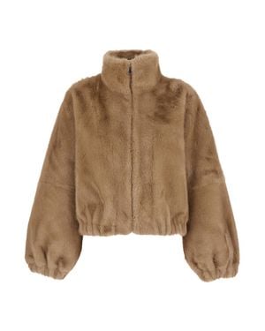 GIOVANNI PARIS Leather Shearling Jacket With Wide Collar & Front Zip Closure - Natural