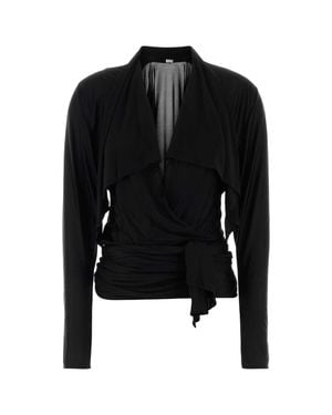 Balmain Draped Open-Neck Viscose T-Shirt Top - Black