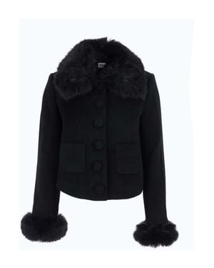 Self-Portrait Notched Collar Wool Jacket With Fur Cuffs - Black
