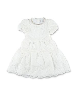 Self-Portrait Girl's Floral Lace Tiered Puff Sleeve Dress With Embellished Round Neckline - White