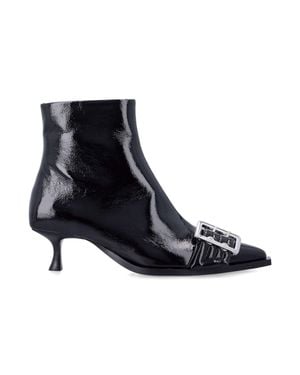 Ganni Inspired Patent Leather Ankle Boots With Oversized-Tone Buckle - Black