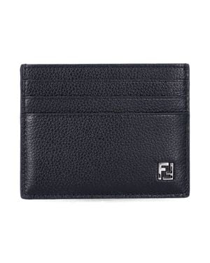 Fendi Mini Ff Grained Leather Card Holder With Palladium-Finish Monogram - Blue