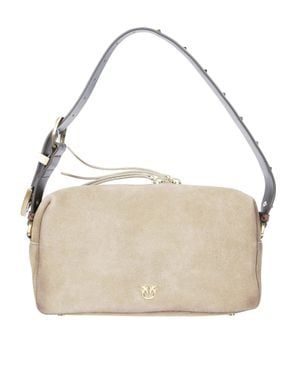 Pinko Three-Compartment Suede Shoulder Bag - Natural