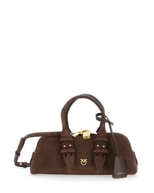 Pinko Leather Handbag With Leather Handles And Zip Closure, Logo Front, Internal Pockets, 30 X 20 X 10 Cm - Brown