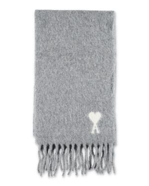 Ami Paris Alpaca Blend Scarf With Heart Logo - Gray