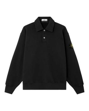 Stone Island Brushed Fleece Mini Polo Shirt With Classic Collar And Button Placket - Black