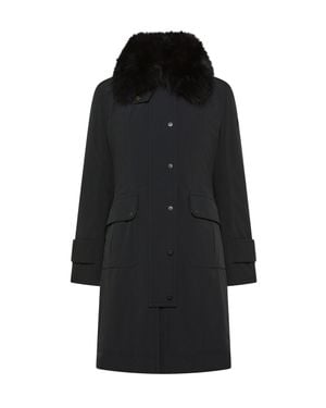 Peuterey Hooded Long Down Coat With Fur Trim - Black