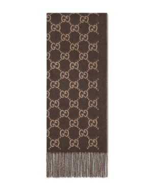 Gucci Gg Cashmere Scarf With Fringe Trim, 45 Cm X 190 Cm - Brown