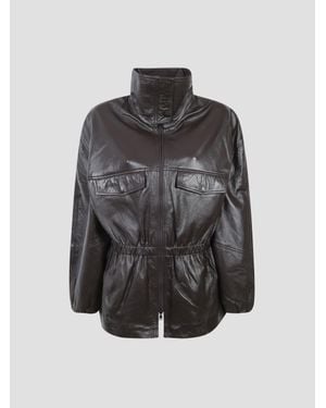 Frankie Shop Elegant Funnel Neck Leather Jacket - Gray