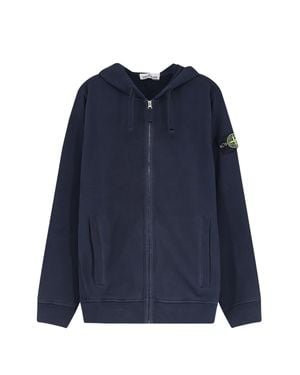 Stone Island Cotton Zip-Up Hooded Sweatshirt With Adjustable Drawstring And Ribbed Cuffs - Blue