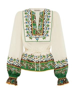 ALÉMAIS Relaxed Ramie Blouse With Floral Border Print - Green