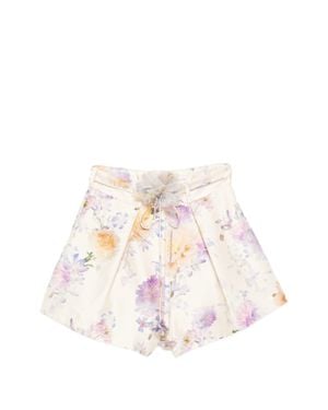 Zimmermann High-Rise Waist Shorts With Pintucks And Floral Belt - White