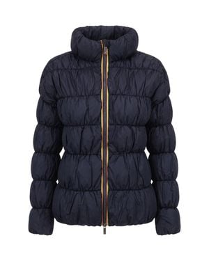 K-Way Maxi Ruffled Puffer Jacket With High Collar - Blue