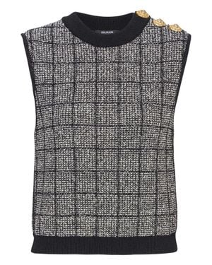 Balmain Tweed Knit Round-Neck Pullover With Lion-Head Button Placket - Gray