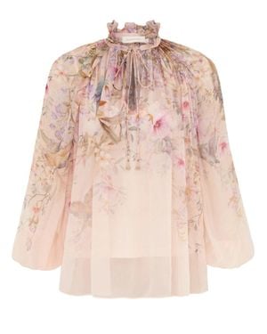 Zimmermann Floral Sheer Tie-Neck Blouse - Pink