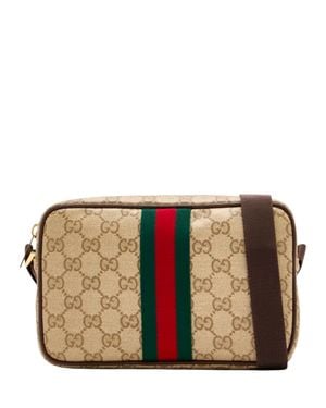 Gucci Gg Canvas Crossbody Handbag With Web Detail, Adjustable Removable Strap, Top Zip Closure, Flat Front Pocket - Brown