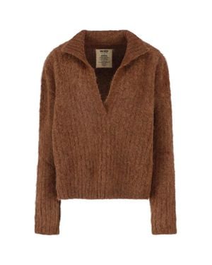 Uma Wang Cropped Alpaca Blend Sweater With Deep V-Neckline And Long Sleeves - Brown