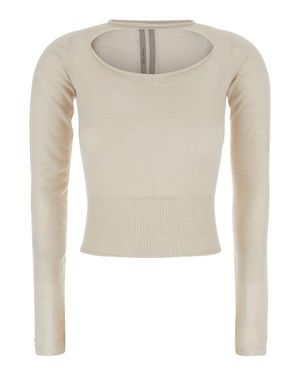 Rick Owens Cashmere Cropped Sweater With Front Cut-Out And Ribbed Trims - White