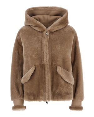 Blancha Shearling Jacket With Fixed Hood, Zip Front, And Side Pockets - Brown
