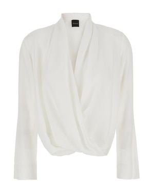 Le Plain Ruffled Front Neckline Blouse With Long Sleeves And Dropped Shoulders - White
