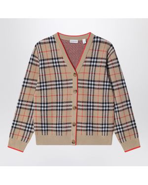 Burberry Mini Check Wool Cardigan With V-Neck And Contrast Trim - Brown