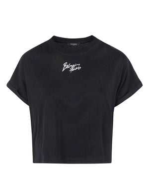 Balmain Short Sleeves Paris" Cropped T-Shirt - Blue