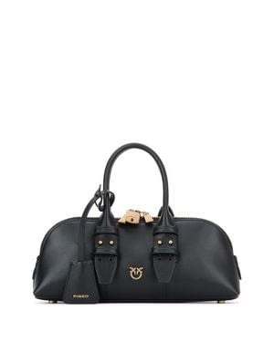 Pinko Bowling Baguette Leather Handbag With Bow Detail - Black